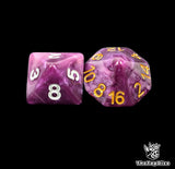 Close up of a purple D8 and D16 with white numbers for scatter and long range rolls