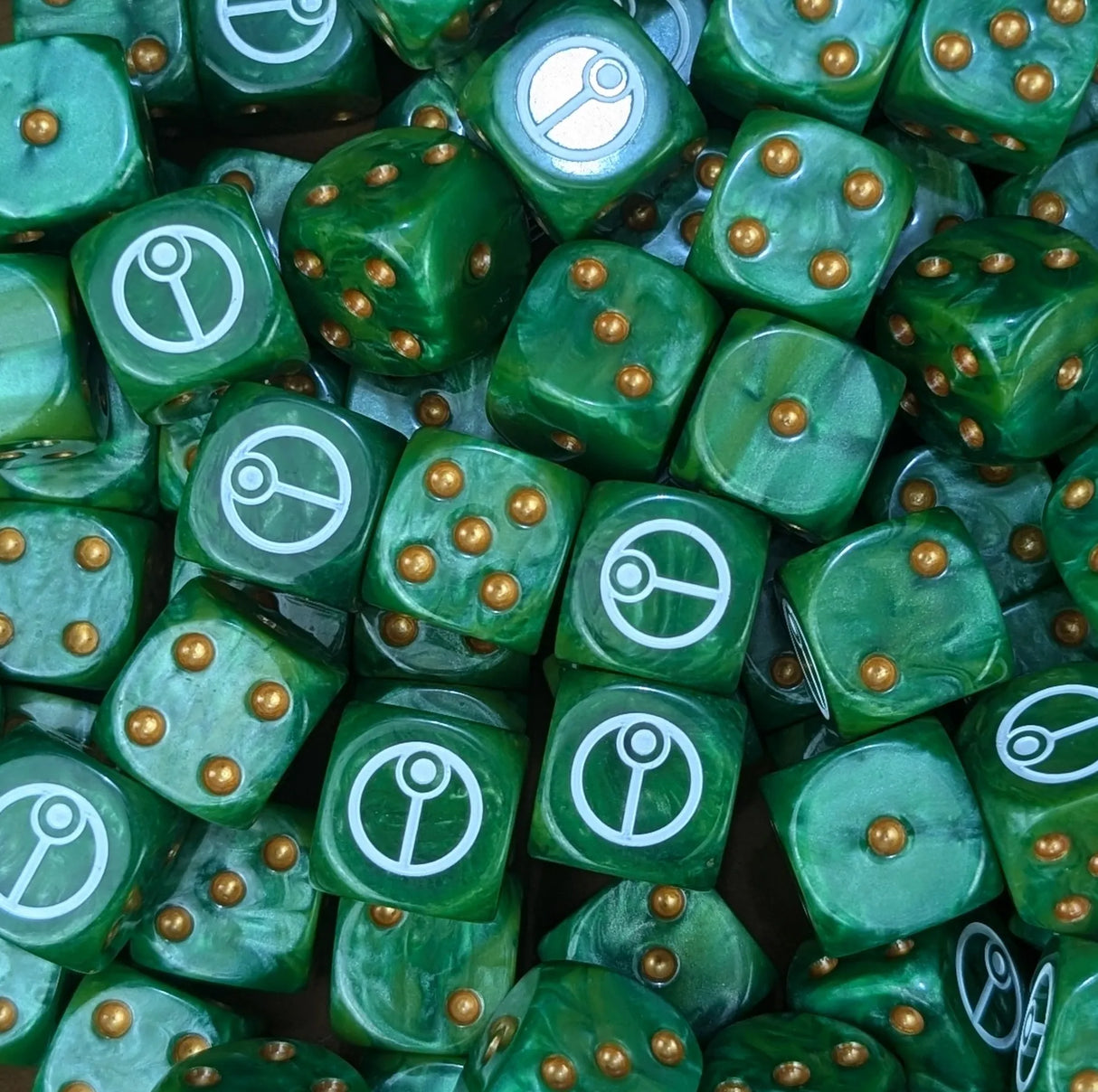Pile of green caste 16mm D6 dice for a sci-fi recon army