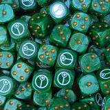Pile of green caste 16mm D6 dice for a sci-fi recon army