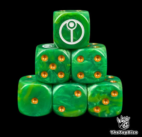 Green 16mm D6 dice with a white circular caste sigil and gold pips for sci-fi wargaming