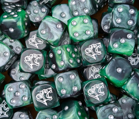 Black and green 16mm resin D6 dice with a white rat face emblem and silver pips for fantasy rat swarms