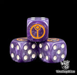 Three purple cadre dice with a gold T'au sigil and white pips