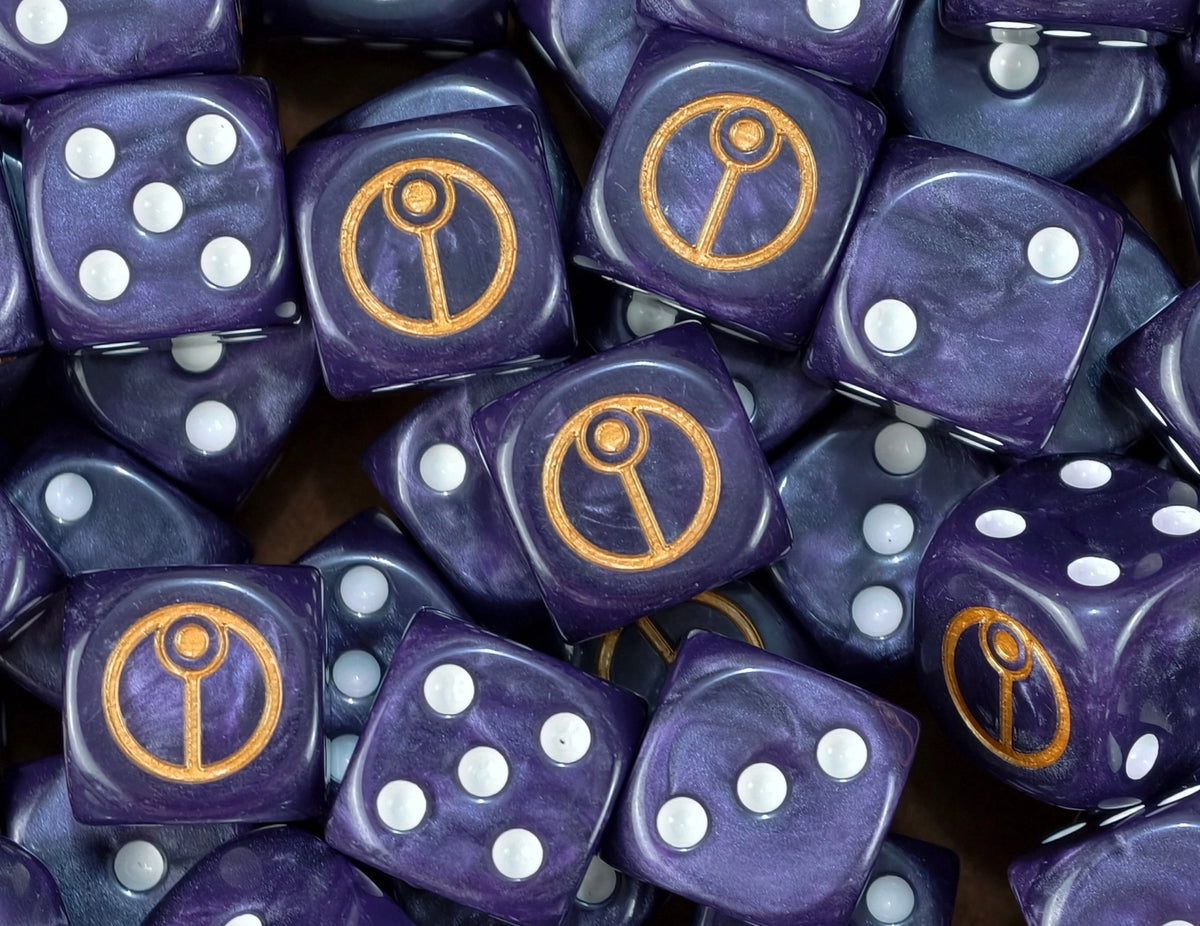 A pile of purple Tau D6 with white pips and gold sept sigils