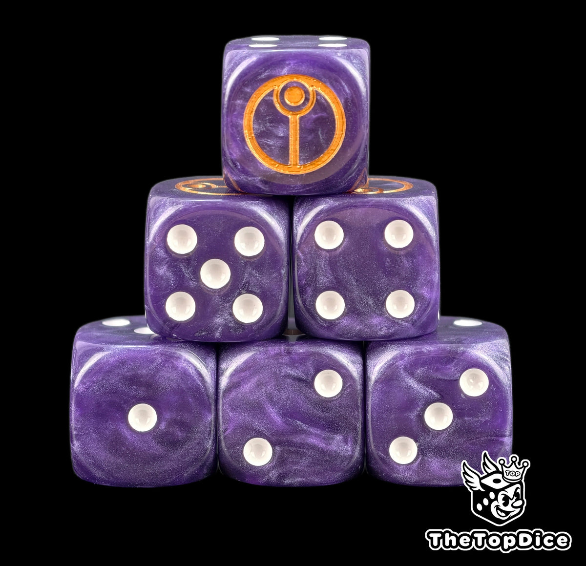 Six purple Tau D6 stacked, white pips and a gold sept sigil