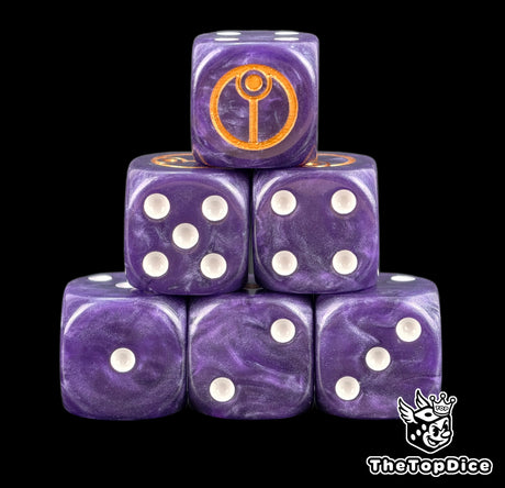 Six purple Tau D6 stacked, white pips and a gold sept sigil
