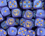 A pile of purple Soul Drinkers D6 with gold winged chalices