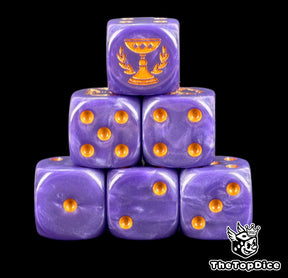 Six purple Soul Drinkers D6 stacked, amber pips and a gold chalice
