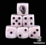 Six pale pink Genestealer D6 stacked, purple pips and a violet gem