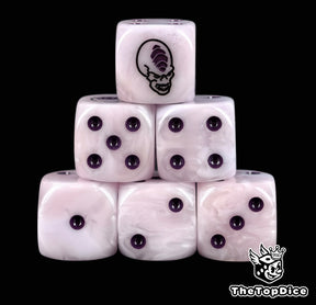 Six pale pink Genestealer D6 stacked, purple pips and a violet gem