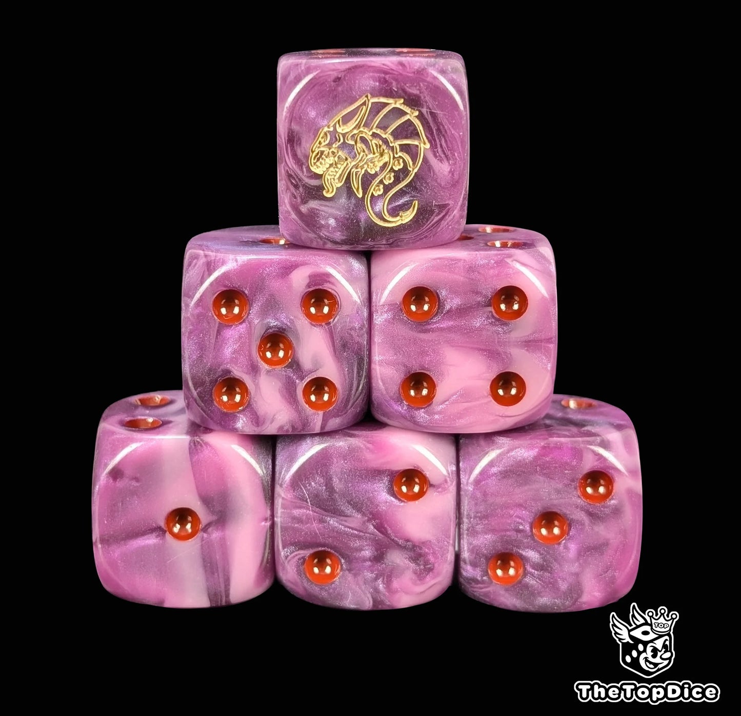 Purple 16mm D6 dice with a bone alien embryo emblem and red pips for sci-fi wargaming