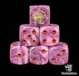 Purple 16mm D6 dice with a bone alien embryo emblem and red pips for sci-fi wargaming