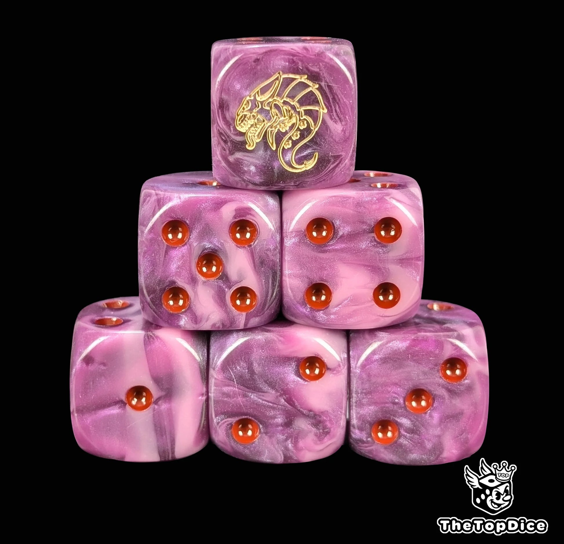 Purple 16mm D6 dice with a bone alien embryo emblem and red pips for sci-fi wargaming