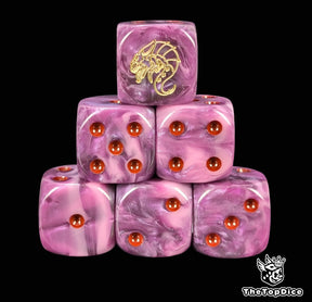Purple 16mm D6 dice with a bone alien embryo emblem and red pips for sci-fi wargaming