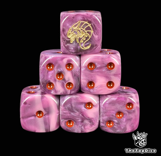 Purple 16mm D6 dice with a bone alien embryo emblem and red pips for sci-fi wargaming