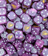 Pile of purple sonic legion 16mm D6 dice for a sci-fi chaos army
