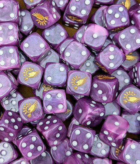 Pile of purple sonic legion 16mm D6 dice for a sci-fi chaos army