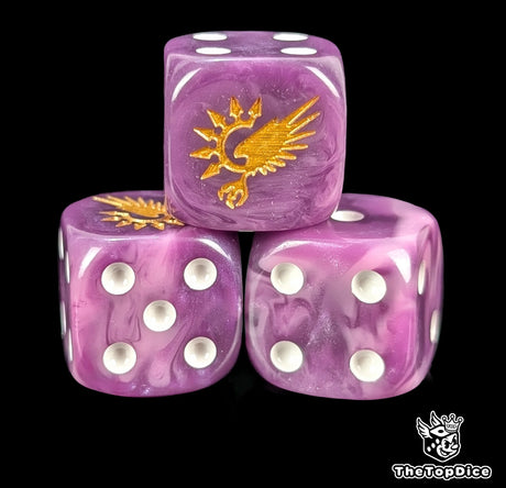 Close up of a purple 16mm resin D6 die engraved with a gold winged hoof and pale white pips