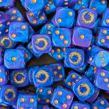Pile of blue and purple sorcerer 16mm D6 dice for a sci-fi legion army