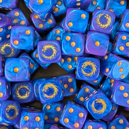Pile of blue and purple sorcerer 16mm D6 dice for a sci-fi legion army