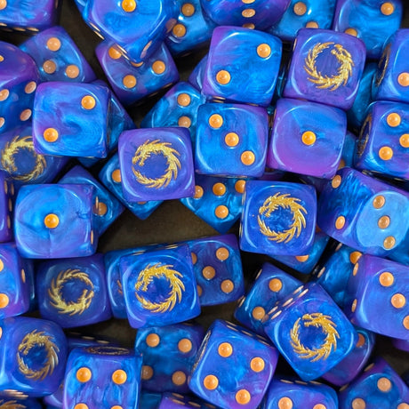 Pile of blue and purple sorcerer 16mm D6 dice for a sci-fi legion army