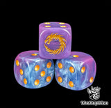 Close up of a blue and purple 16mm resin D6 die engraved with a gold circular dragon and gold pips