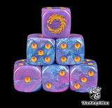 Blue and purple 16mm D6 dice with a gold dragon emblem and gold pips for sci-fi wargaming