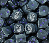 Pile of Necron dynasty dice in black and grey with silver glyphs and purple pips