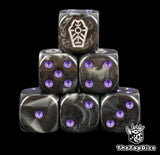 Necron dice, six black and grey marbled 16mm D6 stacked with a silver dynasty glyph and purple pips