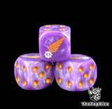 Three purple legion dice with a white eye on gold wings