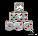 Grey resin D6 dice with a white shark emblem and blood-red pips for sci-fi armies