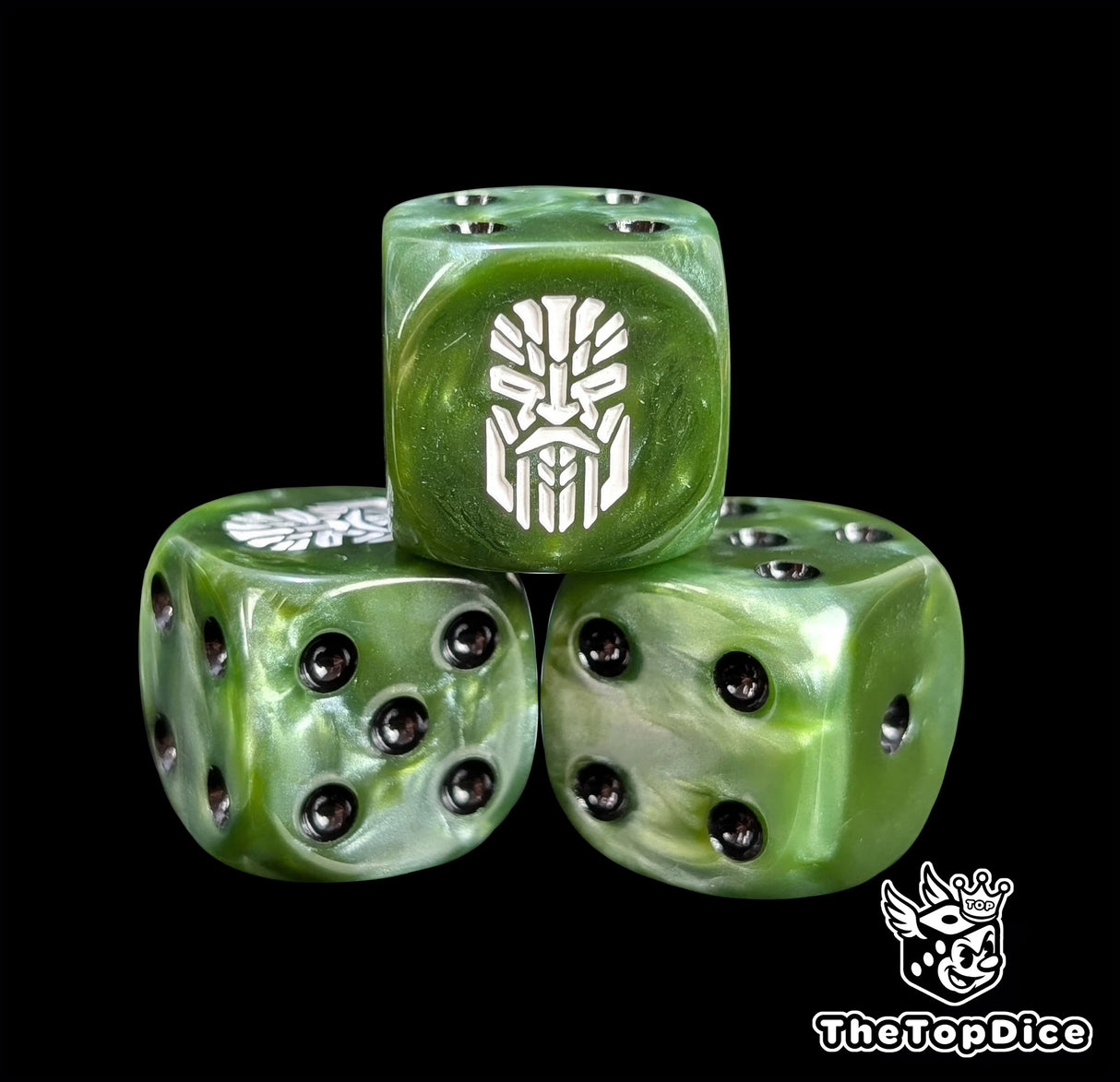 Close-up of a green D6 die with a white ancestor rune