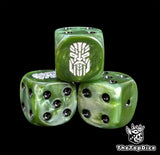 Close-up of a green D6 die with a white ancestor rune
