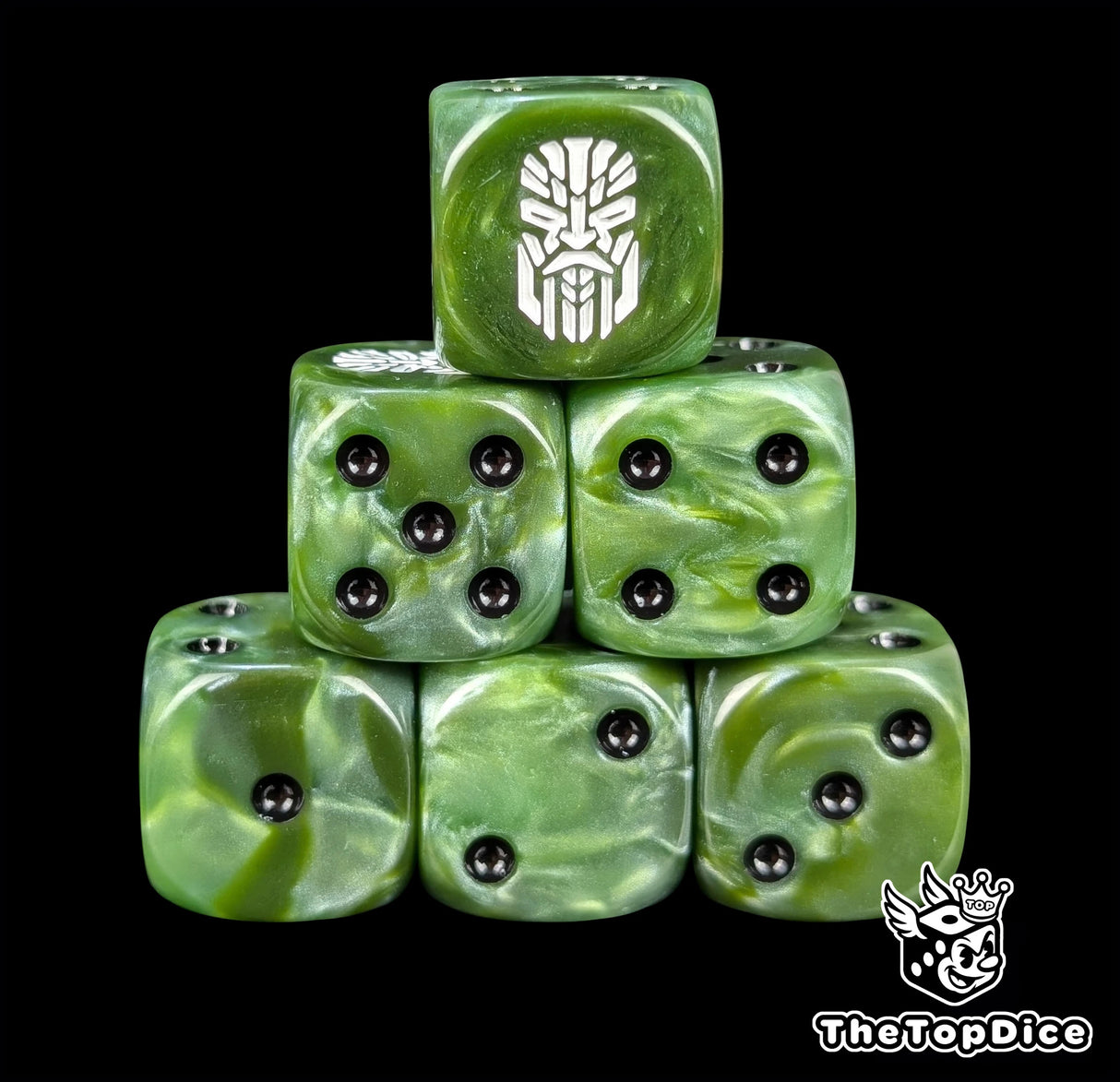 Green resin D6 dice with a white ancestor rune and black pips for sci-fi dwarves