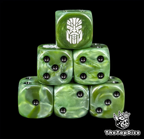 Green resin D6 dice with a white ancestor rune and black pips for sci-fi dwarves