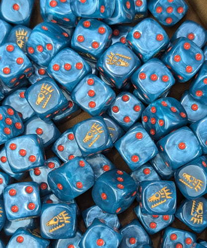 Custom blue and gold dice for Seraphon armies in wargames