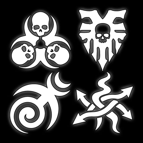 Four dark god icons grouped in white on black, tile for warp daemon 16mm grimdark sci-fi dice