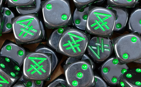 A pile of black Skaven dice, green runes and green pips repeating