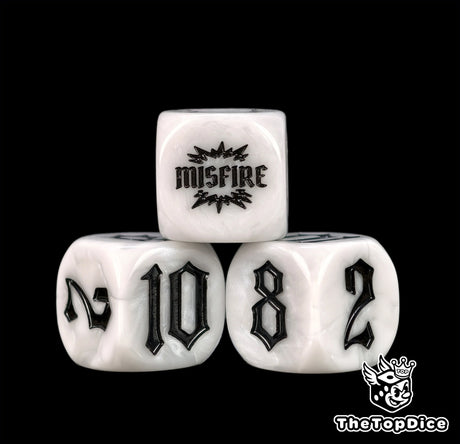 Ivory white 16mm dice close up, four of them, black numerals with nothing to soften them