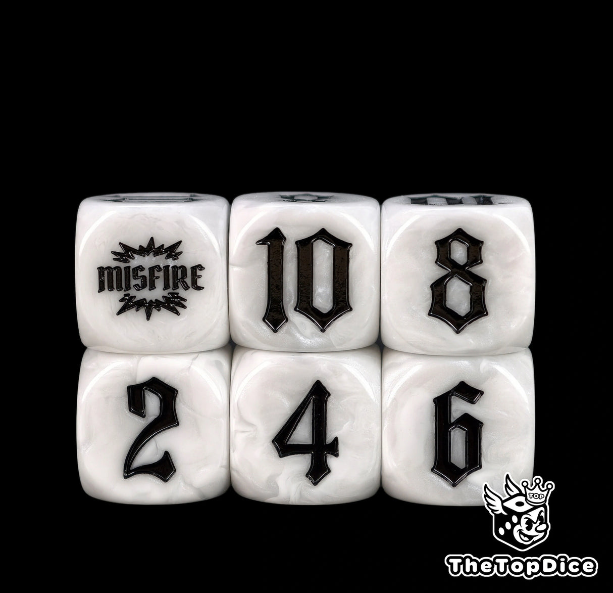 White artillery dice in two rows, 2, 4 and 6 below, 10, 8 and the burst above