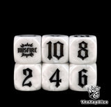White artillery dice in two rows, 2, 4 and 6 below, 10, 8 and the burst above