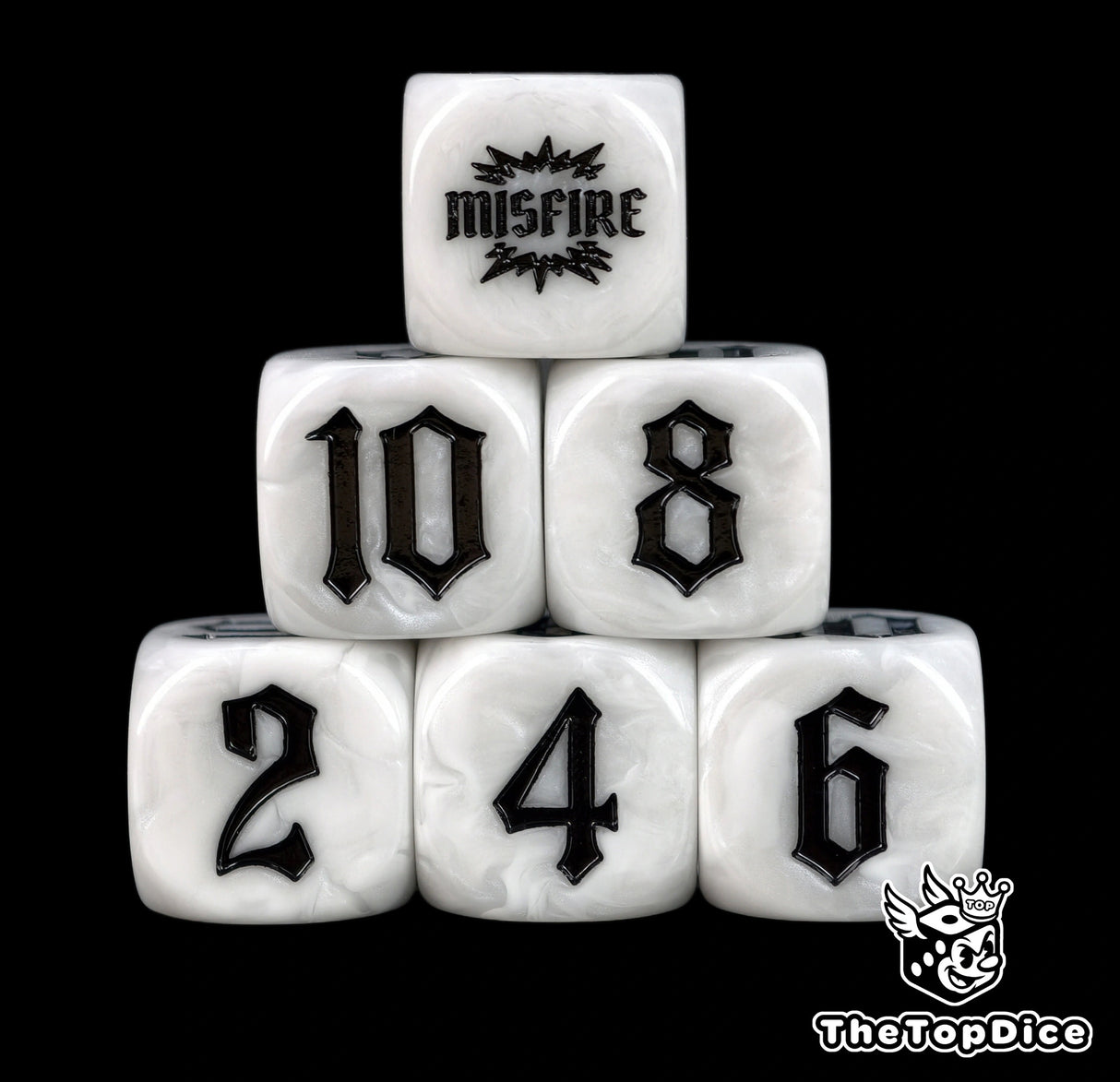 Numbers and MISFIRE burst inked in black on six white artillery dice, stacked up