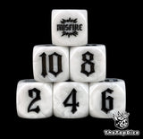 Numbers and MISFIRE burst inked in black on six white artillery dice, stacked up