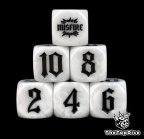 Numbers and MISFIRE burst inked in black on six white artillery dice, stacked up