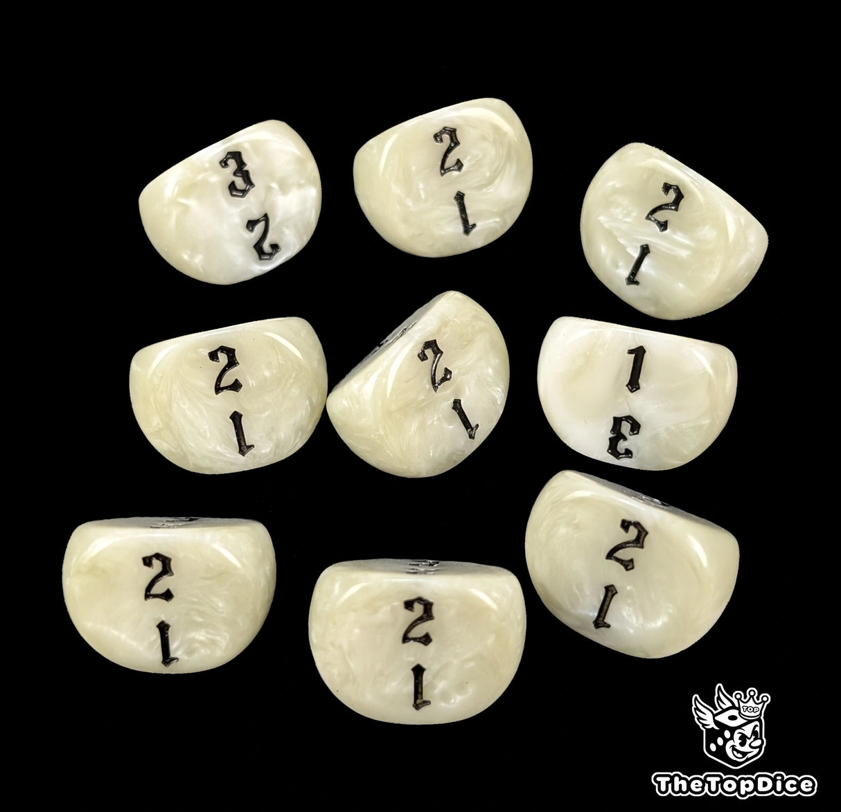 White 16mm D3 dice with black numbers 1 to 3 for tabletop and wargames