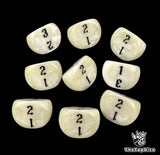 White 16mm D3 dice with black numbers 1 to 3 for tabletop and wargames