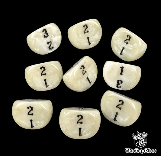 White 16mm D3 dice with black numbers 1 to 3 for tabletop and wargames