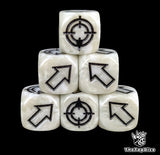 White 16mm scatter dice with black arrows and hit faces for wargames