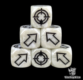 White 16mm scatter dice with black arrows and hit faces for wargames