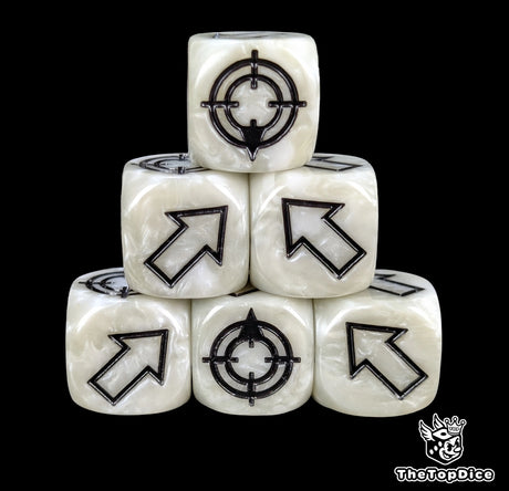 White 16mm scatter dice with black arrows and hit faces for wargames