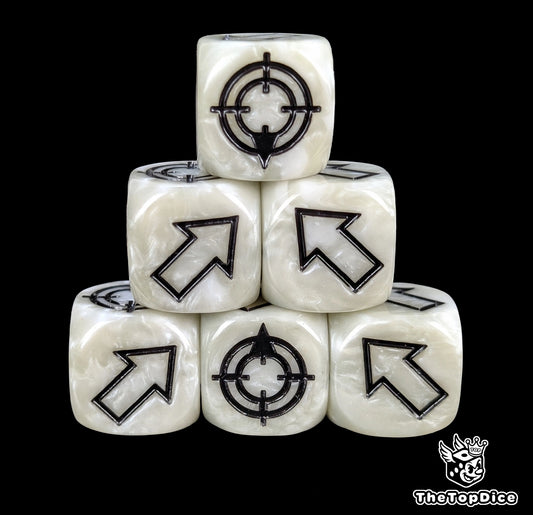 White 16mm scatter dice with black arrows and hit faces for wargames